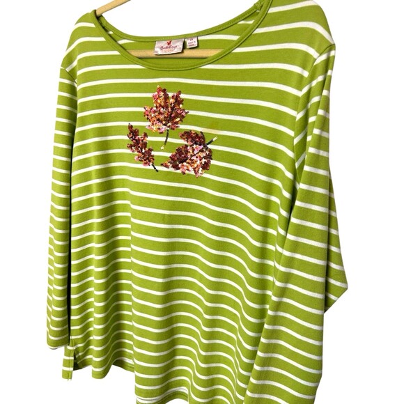 Quacker Factory  Womens 2X Leaves Fall Sequin Striped Green Tunic Top - Picture 2 of 8